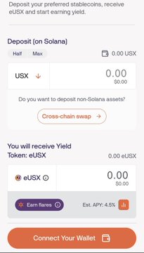 A Solstice deposit interface for USX on Solana is shown, offering users an estimated 4.5% APY yield token called eUSX, with options to adjust between half and max deposit amounts. The image connects to the post by illustrating Solstice's yield-generating mechanism, which splits returns into senior (SR-strcUSX ~7%) and junior (JR-strcUSX ~20%) tranches.