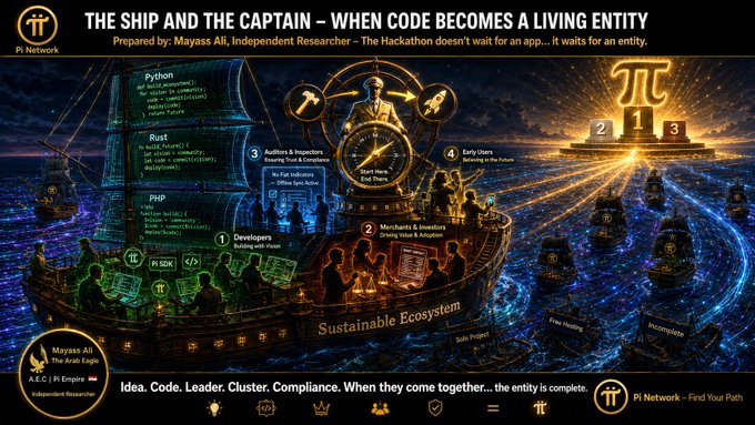 A promotional graphic titled 'THE SHIP AND THE CAPTAIN – WHEN CODE BECOMES A LIVING ENTITY' by Mayass Ali for Pi Network, depicting a ship carrying code (Python, Rust, PHP) and developers toward a glowing Pi symbol podium.