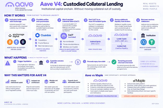 Aave V4 infographic detailing "Custodied Collateral Lending" with institutional capital on-chain, featuring a six-step workflow from Anchorage custody and Chainlink oracles to Aave V4 Isolated Spoke (BTC, CCT) and Lender Spoke, allowing institutions to borrow stablecoins without moving collateral; key terms include Custody/Sync, Verified Balance Onchain, Mint Custodied Collateral Token (CoCT), Post CoCT in Aave V4 Isolated Spoke, and Borrow stablecoins, highlighting benefits like ultra-low institutional capital, ring-fenced risk, new asset types, and a comparison chart showing Aave vs. Maple, dated Sep 2024.