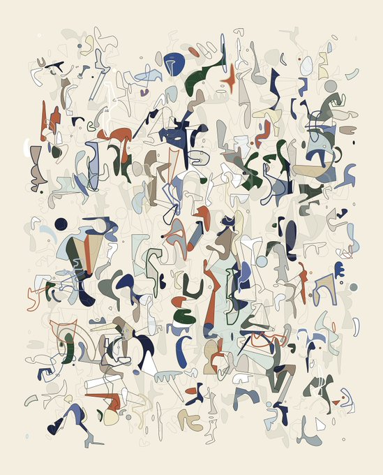 A creamy off-white canvas scattered with abstract, biomorphic shapes in muted blues, terracotta oranges, and dark greens, creating a chaotic, fragmented composition. The post celebrates an NFT acquisition (ASH-28) by a specific crypto wallet, with the abstract artwork serving as the visual representation of that digital collectible.