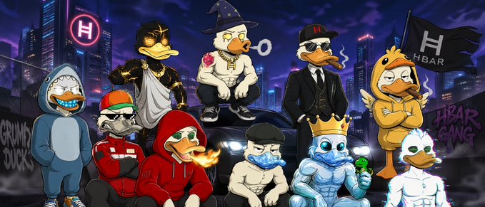 A cartoon-style illustration of various anthropomorphic duck characters in different costumes (hoodie, suit, wizard hat, crown, etc.) posed in front of a car against a city skyline, with 'HBAR' and 'H' branding flags and 'GRUMPY DUCKS' text on the wall.