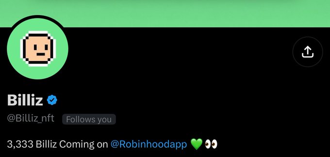A screenshot of the Twitter/X profile for **Billiz (@Billiz_nft)**, featuring a pixel-art face avatar on a green background, with the bio stating "3,333 Billiz Coming on @Robinhoodapp 💚👀"—highlighting the project's 3,333 NFT supply and its announced collaboration with Robinhood.