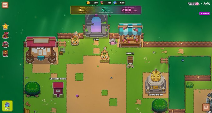 A pixel-art style game screen featuring a green landscape with various structures including a quest board, shop, altar, gruffle, and frog, with prices in USD displayed at the top.