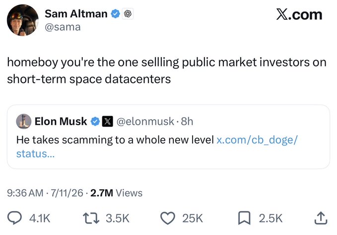 A screenshot of a tweet from Sam Altman (@sama) replying to Elon Musk (@elonmusk) with "homeboy you're the one selling public market investors on short-term space datacenters," referencing Musk's prior post accusing someone of taking "scamming to a whole new level." The exchange, with 2.7M views and 25K likes, highlights the ongoing public feud between the two tech figures, exemplifying the kind of high-profile drama that fuels the "never deleting this app" sentiment.