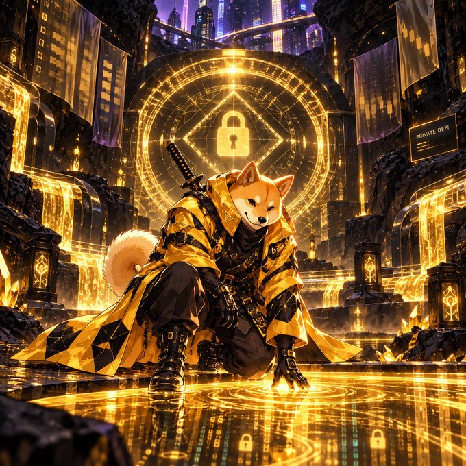 A Shiba Inu samurai clad in golden robes kneels before a glowing padlock sigil, surrounded by cryptic code streams and a partially visible "PRIVATE DEFI" sign, embodying the post's call to move through the crypto shadows undetected.