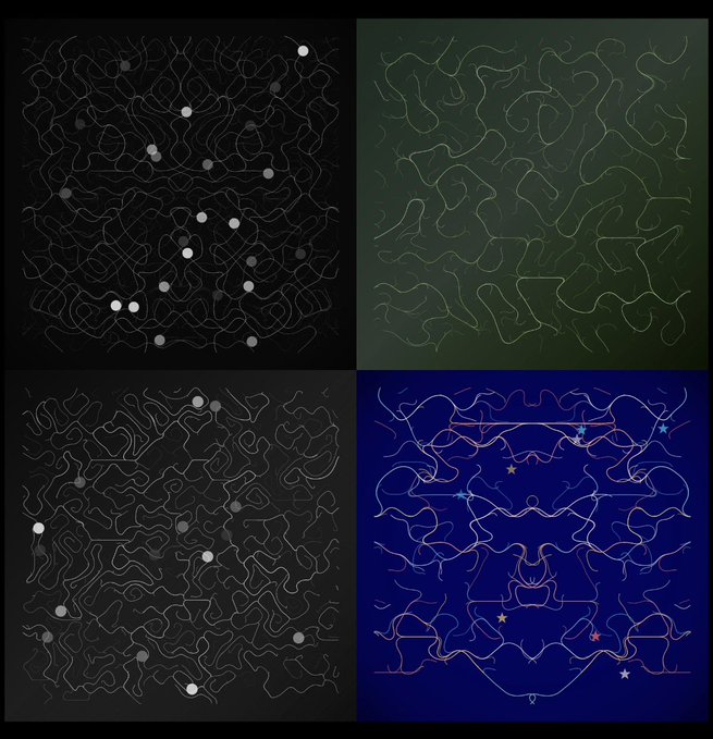 A four-panel grid displays abstract wavy line patterns on black, green, black, and blue backgrounds, with various white and gray dots and stars marking points along the lines.