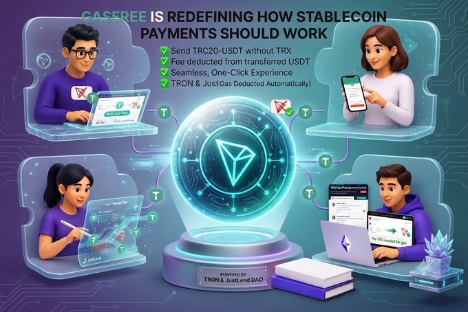 A promotional graphic for GASFREE stating 'IS REDEFINING HOW STABLECOIN PAYMENTS SHOULD WORK,' highlighting features like sending TRC20-USDT without TRX, with 3D illustrated characters interacting with devices around a central TRON logo, powered by TRON & JustLend DAO.