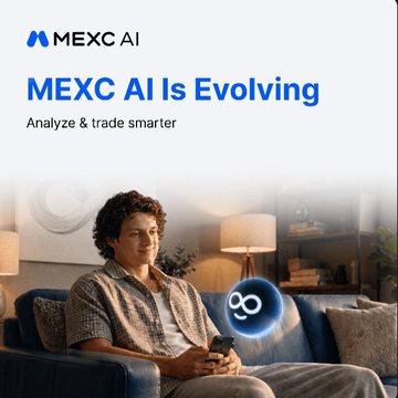 A MEXC AI advertisement shows a young man sitting on a couch holding a phone, with the text 'MEXC AI Is Evolving' and 'Analyze & trade smarter' displayed at the top.