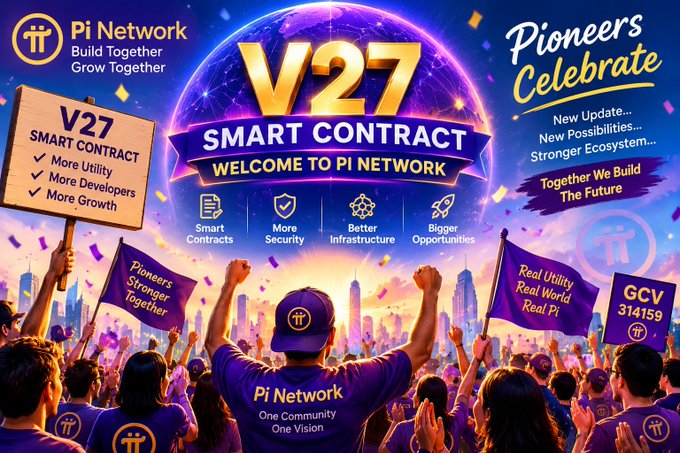 A vibrant promotional graphic for 'Pi Network' celebrating the 'V27 SMART CONTRACT' update, featuring a crowd of people holding signs reading 'Pioneers Stronger Together,' 'Real Utility Real World Real Pi,' and 'GCV 314159,' with the tagline 'Pioneers Celebrate.'