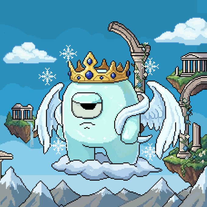 The image features a cartoon character with wings, wearing a crown and standing atop a cloud. The character appears to be floating above a mountainous landscape, which includes mountains and clouds. The caption for the image reads "Between Heaven and the Earth, there is a place for @Gloombles Entities; we called #Gloomble Arc #NFT".