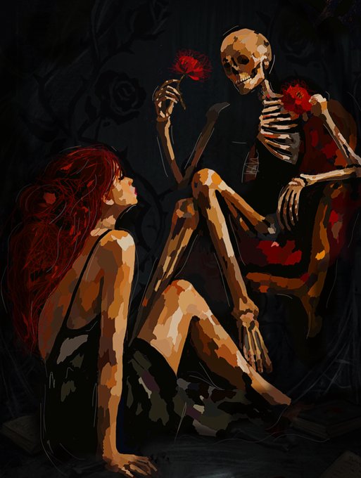 A dark, painterly artwork depicting a red-haired woman sitting on the floor gazing up at a skeleton holding a red rose, which visually echoes the "Memento Vivere" message about cherishing life's fleeting heartbeat.