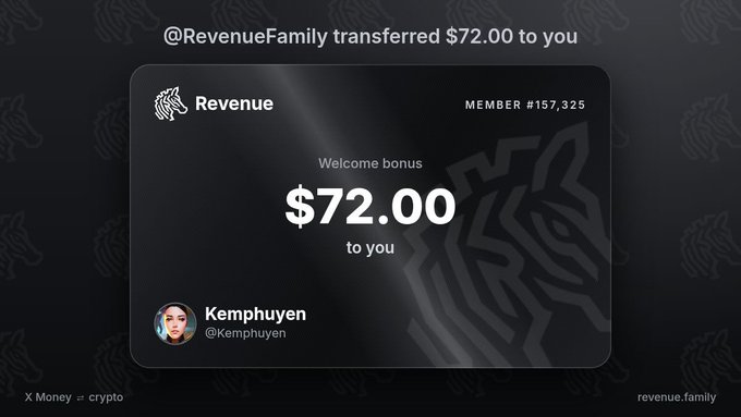 The image shows a digital receipt/card displaying "@RevenueFamily transferred $72.00 to you" as a "Welcome bonus" to member Kemphuyen (@Kemphuyen), Member #157,325, with the website revenue.family and "X Money ⇄ crypto" branding at the bottom. This visually supports the post's claim about earning money through the RevenueFamily referral program, showcasing the promised cash reward (though the post notes the $72 is locked until 4/10).