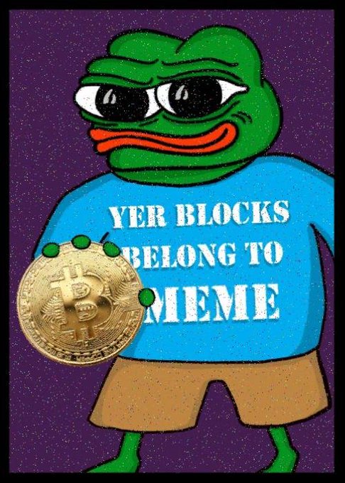 A Pepe the Frog meme wearing a blue shirt with the text 'YER BLOCKS BELONG TO MEME' and holding a gold Bitcoin coin against a starry purple background.