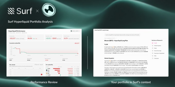 A 'Surf' portfolio analysis dashboard displaying 'Hyperliquid Performance' with a -$3,217 loss and detailed market research text.