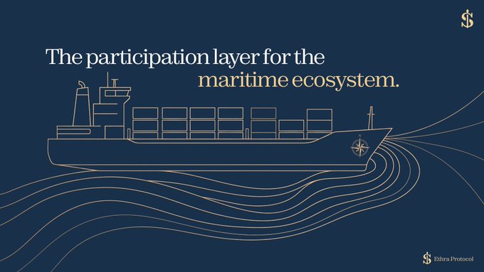 A dark blue graphic with gold line art depicting a cargo ship on waves, titled 'The participation layer for the maritime ecosystem' by 'S$ Ithra Protocol'.