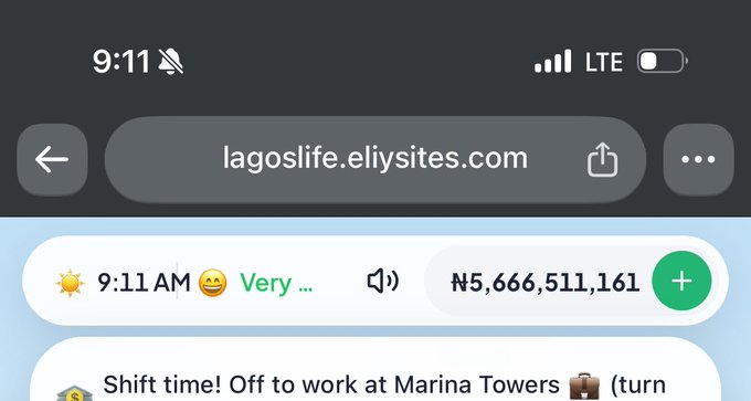 The image shows a mobile browser displaying lagoslife.eliysites.com with a weather widget showing ₦5,666,511,161 and a notification reading "Shift time! Off to work at Marina Towers." The accompanying post jokingly questions how much SOL (a cryptocurrency) equals that massive Nigerian Naira amount displayed.