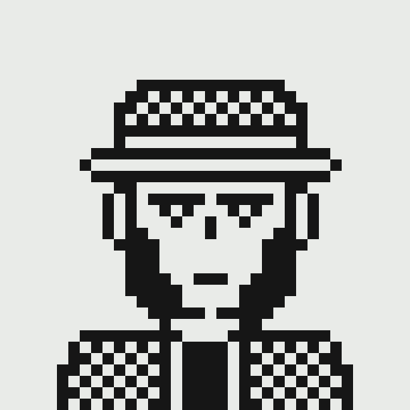 A black-and-white pixel art illustration of a stylized person wearing a patterned hat and jacket with a neutral facial expression.
