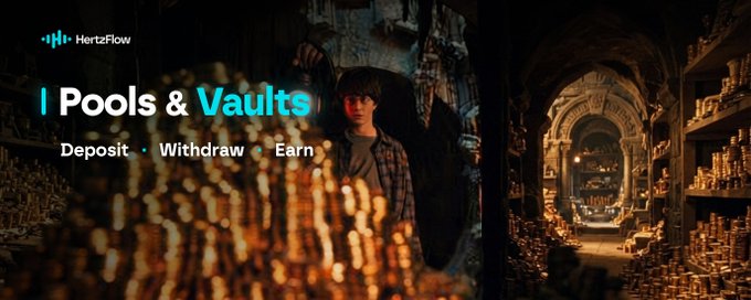 A banner for 'HertzFlow' advertising 'Pools & Vaults' with 'Deposit · Withdraw · Earn', featuring an image of a vault filled with gold coins.