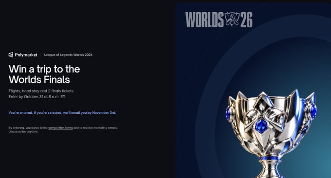 A promotional webpage for 'WORLDS 26' featuring a silver trophy with blue gems and text offering 'Win a trip to the Worlds Finals' via Polymarket.