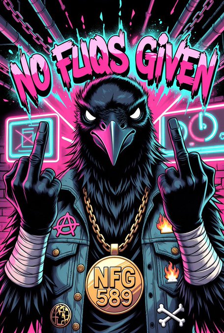 A vibrant neon-style illustration of a crow in a denim vest with a gold "NFG 589" chain, both middle fingers raised, with "NO FUQS GIVEN" graffiti text in pink above.