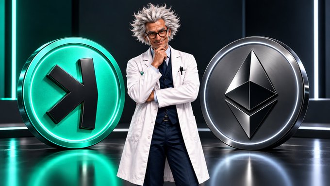 A 3D-rendered mad scientist character in a lab coat stands between two large glowing cryptocurrency coins: a teal XRP (X symbol) on the left and a silver Ethereum (diamond symbol) on the right.