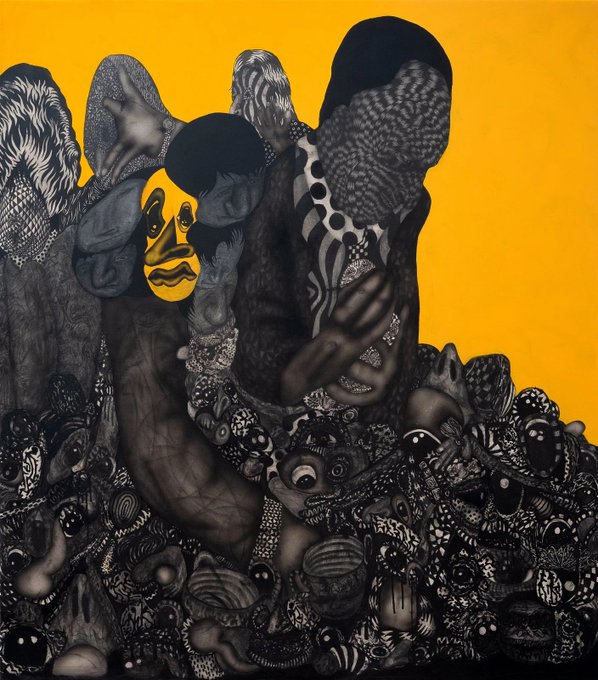 Surreal, intricate black-and-white ink illustration with yellow background, featuring organic shapes, eyes, and a small yellow mask-like face, characteristic of GMUNK's art style.