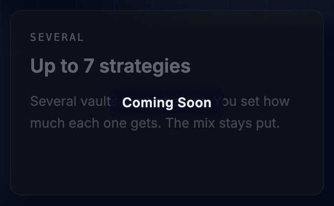A dark interface card highlights "Up to 7 strategies" under the "SEVERAL" heading, describing how users can split deposits across multiple vaults while maintaining a fixed mix — though the feature is currently marked "Coming Soon." This relates to the post noting that @downto_finance is already testing multi-strategy baskets ahead of the official rollout, with the Double Dollar DETF and Strategy Vaults (like $DTF/WETH) already deployed on testnet.