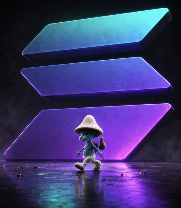 A digital artwork featuring a small Smurf-like character in a sombrero walking beneath a large glowing purple and teal Solana logo.