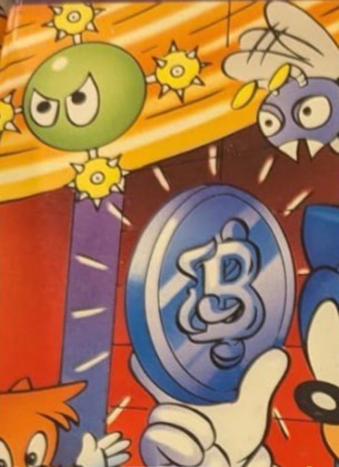 A 1995 Sonic the Hedgehog comic panel shows Sonic holding a large "B" coin (Bitcoin) while surrounded by menacing green spikey viruses and purple bat-like creatures with serious expressions, illustrating the post's claim that the comic predicted the coronavirus and Bitcoin. The vintage cartoon imagery directly supports the meme's joke about Sonic "predicting" today's crypto and pandemic trends.