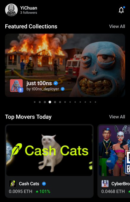 A mobile app interface for an NFT marketplace showing the profile 'YiChuan' with 'Featured Collections' including 'just t00ns by t00ns_deployer' and 'Top Movers Today' like 'Cash Cats' at 0.0095 ETH (+101%).