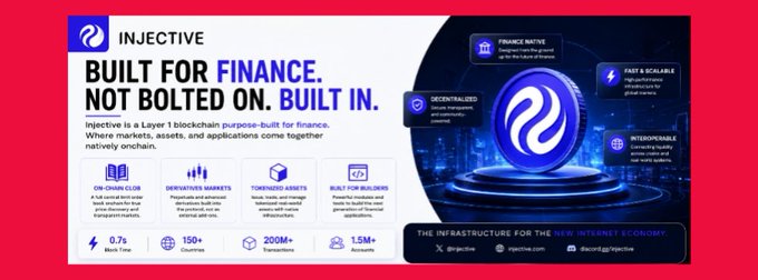 A promotional banner for Injective blockchain displays its branding with the tagline "Built for Finance. Not Bolted On. Built In." and highlights key statistics including 0.7s block time, 150+ countries, 200M+ transactions, and 1.5M+ accounts. The image features four core features (On-Chain CLOB, Derivatives Markets, Tokenized Assets, and Built for Builders) alongside visual callouts emphasizing finance-native design, decentralization, fast & scalable performance, and interoperability—directly supporting the post's explanation of Injective as a Layer 1 blockchain purpose-built for finance rather than a general-purpose chain.
