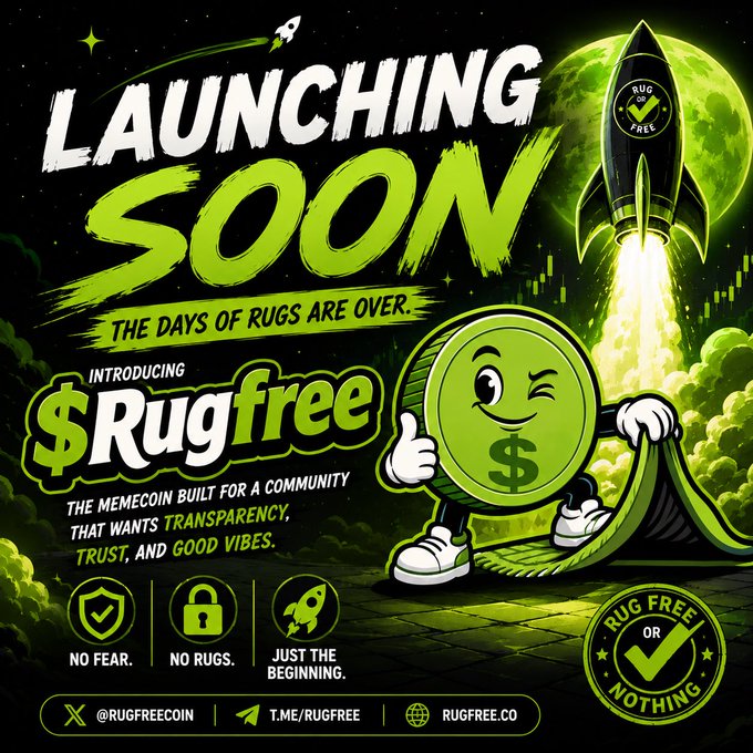 A vibrant green and black promotional graphic announcing the upcoming launch of "$Rugfree" cryptocurrency, featuring a cartoon coin mascot winking and pulling back a rug to reveal a rocket blasting off, with text reading "LAUNCHING SOON - THE DAYS OF RUGS ARE OVER" and social handles @rugfreecoin, t.me/rugfree, and rugfree.co. The design emphasizes the memecoin's anti-rug-pull, transparency-focused branding, visually reinforcing the post's message of trust and community before its Solana launch.