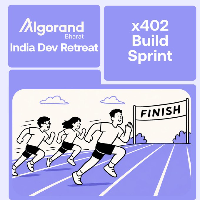 The image features a cartoon depiction of three people running on a track during a sprint race. The runners are depicted as cartoon characters with different colored hair, wearing shorts and t-shirts. They are positioned at the starting line, ready for action. The background shows a blue sky with clouds, adding to the overall atmosphere of the scene.

The image also includes text that reads "Build India Dev Retreat" and "x402 sprint", which suggests that this event is related to a sprint race or a similar competition involving Algorand.