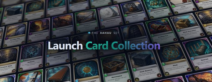 A banner for “The Xahau Set” announces the launch of a card collection over a background of illustrated collectible cards. The post expresses excitement for the collector release from @XahauCards, associated with ticker $XAH.
