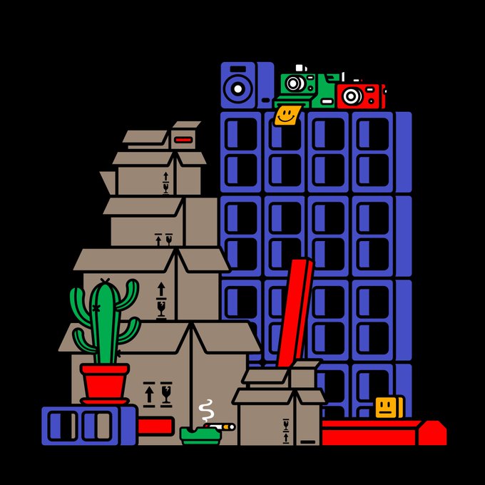 Colorful pixel-art style illustration featuring a stack of cardboard moving boxes, a potted cactus, vintage cameras, speakers, a skateboard, and a lit cigarette against a black background.