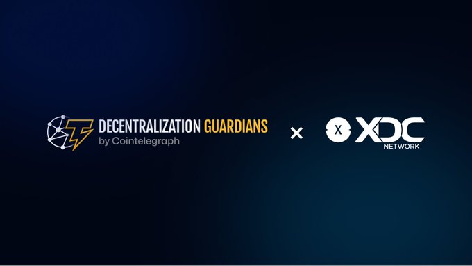 A partnership announcement showing 'Decentralization Guardians by Cointelegraph' collaborating with 'XDC Network'.