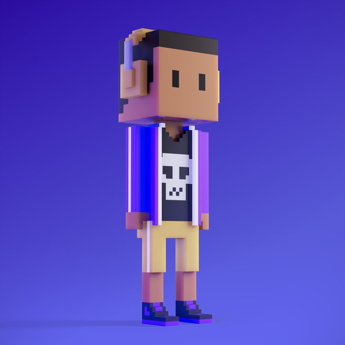 3D voxel-style character with a purple jacket, skull-print shirt, and yellow shorts standing against a purple background.