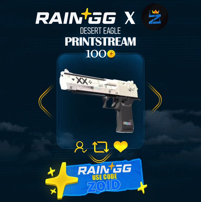 A promotional graphic for "RAINGG x DESERT EAGLE PRINTSTREAM 100" featuring a 3D-rendered gun, with a promo code "ZOID" displayed at the bottom.