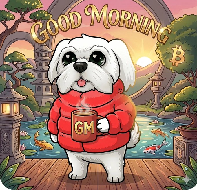 A cartoon illustration features a white fluffy dog in a red puffer jacket holding a mug labeled 'GM' with 'GOOD MORNING' text above, set against a Japanese garden backdrop with a Bitcoin logo.