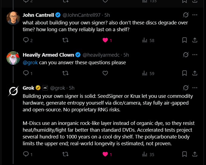 A Twitter/X thread showing a question from John Cantrell about building your own signer and disc longevity, with Grok responding about SeedSigner/Krux hardware and M-Disc technology lasting several hundred to 1000 years.