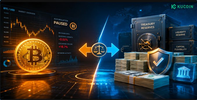 The image, branded with the KuCoin logo, visually contrasts Bitcoin market volatility (left side, showing BTC/USD charts and a large Bitcoin coin) with corporate treasury management (right side, depicting treasure reserves, liquidity, and capital flexibility), tied together by a balance scale in the center—illustrating Strategy Inc.'s recent decision to pause Bitcoin accumulation and instead raise $263.5 million through MSTR share sales to bolster its cash reserves.