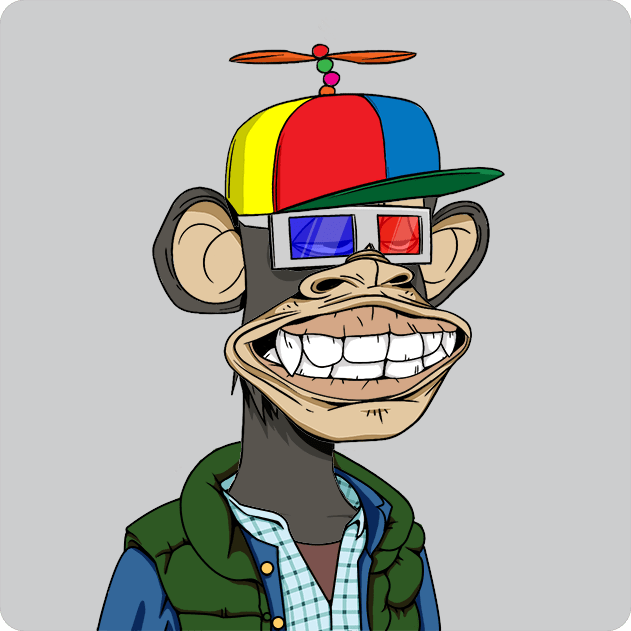 A cartoon chimpanzee wearing a propeller beanie and 3D glasses grins broadly, matching the Bored Ape Yacht Club NFT "Ape #7978" from the referenced OpenSea collection, which was purchased for 8.74 ETH by the address shown.