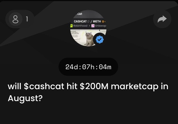 A duelduck prediction market asking "will $cashcat hit $200M marketcap in August?" with 24 days, 7 hours, and 4 minutes remaining, showing 8 votes for "yes" and 1 for "no," accompanied by a CASHCAT/WETH Robinhood/Uniswap profile picture featuring a cat.