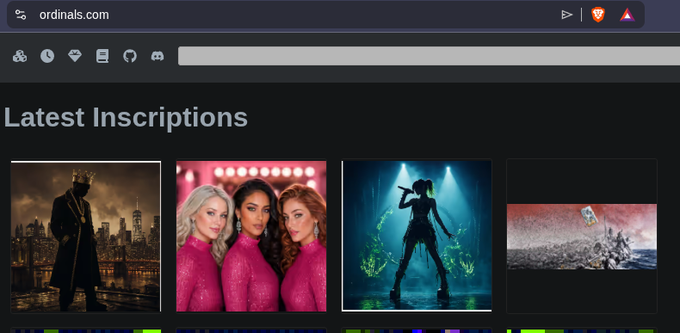 A screenshot from ordinals.com shows the 'Latest Inscriptions' section with four image thumbnails, including a crowned figure in a city, three women in pink, a dancing silhouette, and a snowy landscape.