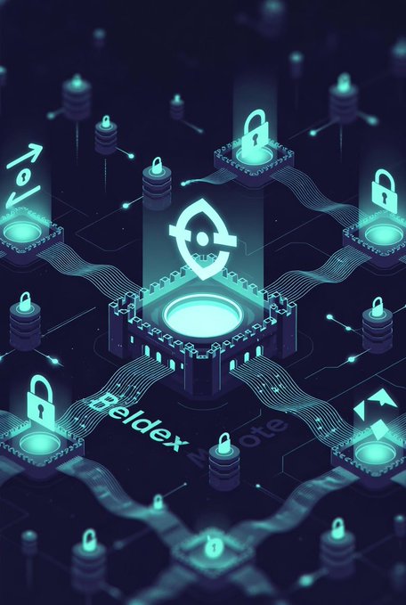 A glowing blue isometric illustration of the Beldex blockchain features a central security shield icon atop a hub, connected by circuit pathways to surrounding padlock and cryptocurrency coin nodes, visually reinforcing the post's message about Beldex's privacy-focused blockchain securing transactions through ring signatures and stealth addresses.