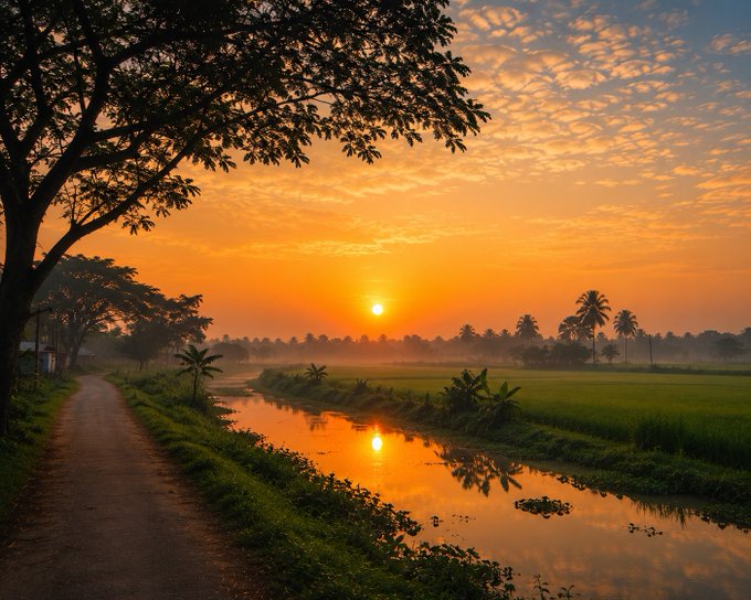 The image depicts a picturesque rural landscape at sunrise, featuring trees lining a path leading towards a river. A small boat can be seen floating along the water's edge, and the sky above has a beautiful orange hue with several clouds scattered throughout. In addition, there is an @NomismaNetwork post that reads "Good Morning, X family! @perx_trade gaining momentum on testnet. Good vibes with @useTria @River4fun @sleepagotchi". The image conveys a calm and serene atmosphere typical of early morning in rural settings.