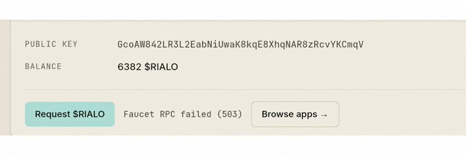 A wallet interface showing a public key (GcoAW842LR3L2EabNiUwaK8kqE8XhqNAR8zRcvYK CmqV) with a balance of 6382 $RIALO, alongside a 'Browse apps' button and a 'Request $RIALO' button that displays a 'Faucet RPC failed (503)' error.