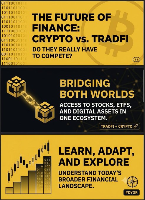 A yellow and black graphic featuring three stacked sections about crypto and traditional finance, with key text including "THE FUTURE OF FINANCE: CRYPTO vs. TRADFI — DO THEY REALLY HAVE TO COMPETE?", "BRIDGING BOTH WORLDS — ACCESS TO STOCKS, ETFS, AND DIGITAL ASSETS IN ONE ECOSYSTEM", and "LEARN, ADAPT, AND EXPLORE — UNDERSTAND TODAY'S BROADER FINANCIAL LANDSCAPE", along with hashtags #TradFi, #Crypto, and #DYOR. The image visually supports the post's message that crypto and TradFi are converging rather than competing, using a chain-link icon and a Bitcoin symbol to illustrate the bridging of these two financial worlds.