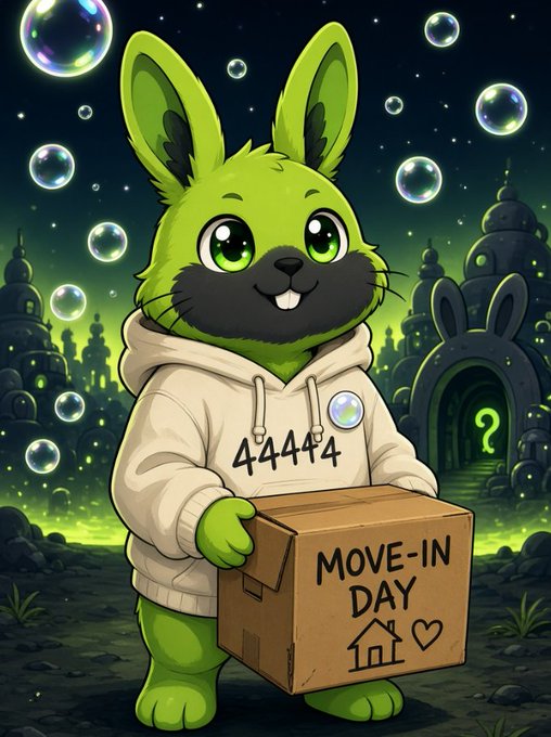 A cartoon illustration depicts a green rabbit-like character wearing a cream hoodie with '44444' printed on it, holding a cardboard box labeled 'MOVE-IN DAY' against a surreal green nighttime background with floating bubbles.