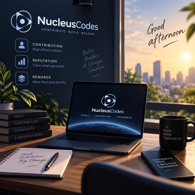 A promotional graphic for 'NucleusCodes' with the tagline 'CONTRIBUTE BUILD BELONG', displayed as a workspace scene with a laptop, notebook, mug, and books against a sunset city skyline.